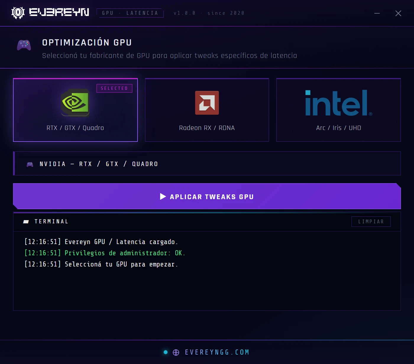Evereyn GPU / Latencia: pantalla principal con las tarjetas NVIDIA, AMD e Intel y NVIDIA seleccionada