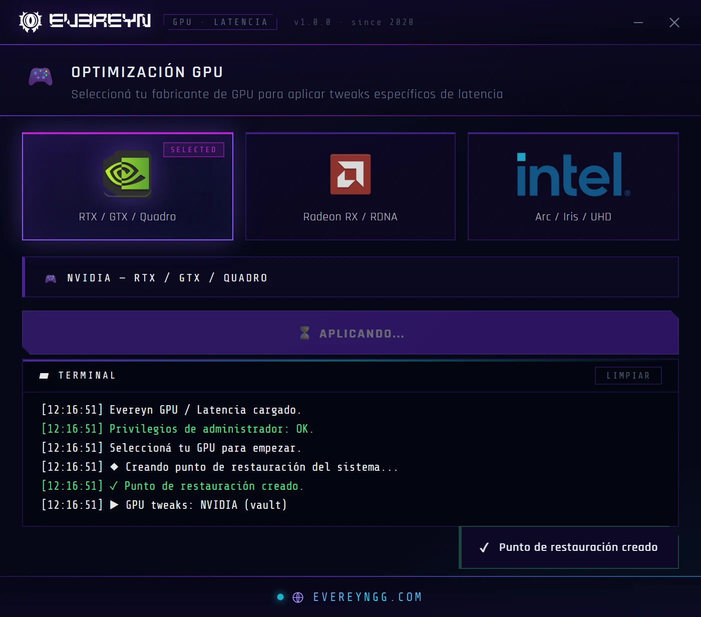 Evereyn GPU / Latencia aplicando los tweaks: la terminal muestra que creó el punto de restauración del sistema